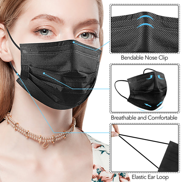 Black Disposable Face Masks, 100 Pack Black Face Masks 3 Ply Filter Protection